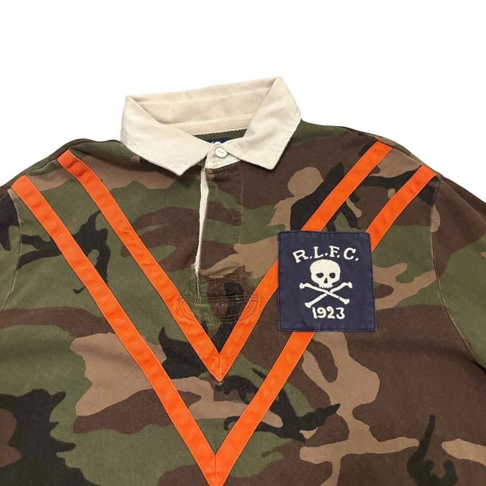 Polo Ralph Lauren Mens Camo Rugby Shirt Orange Chevron Skull Patch Medium